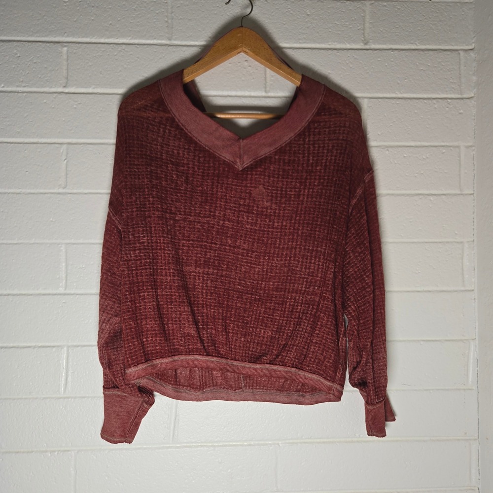 We The Free Womens Top Waffle Knit Oversized V-Neck Maroon Thermal S